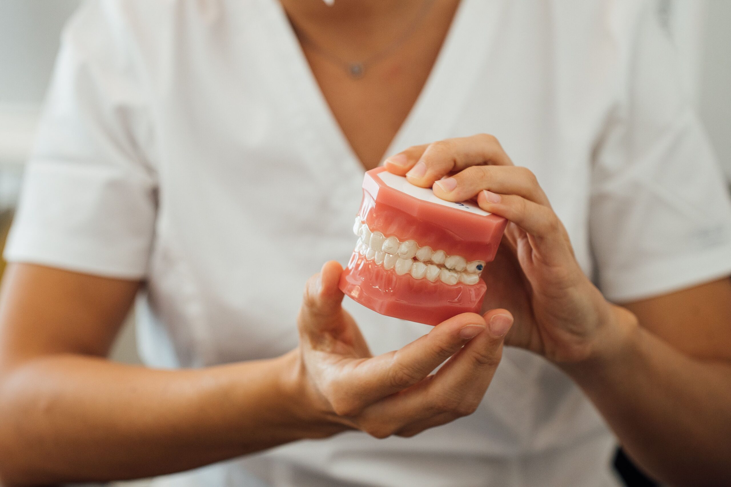 Dental professional holding a dentures model to explain oral prosthetics.